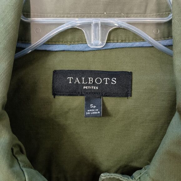 Talbots Utility Jacket Womens Small Petite Pom Pom Hemline Trim Green Button Up - Picture 3 of 5
